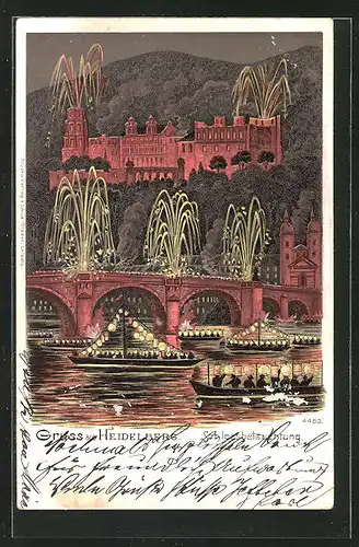 Lithographie Heidelberg, Schlossbeleuchtung bei Nacht