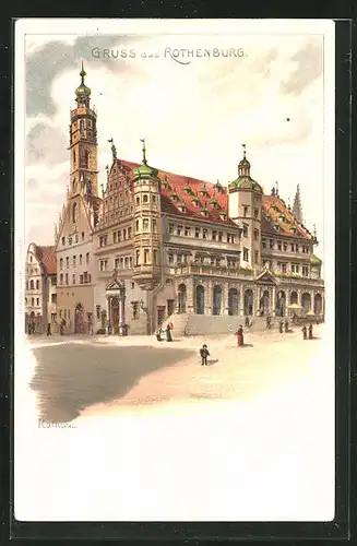 Künstler-AK Rothenburg, Rathaus im Sonnenschein