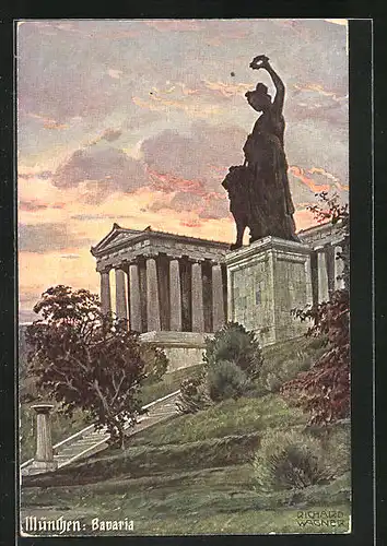 Künstler-AK Richard Wagner: München, Die Bavaria im Abendrot