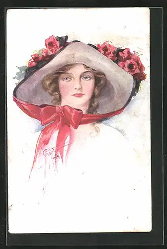 Künstler-AK Court Barber: Dame mit Rosen im Hut und roter Schleife