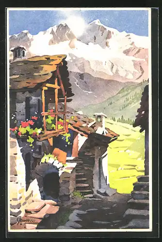 Künstler-AK S. Bonelli: Berghütte in den Bergen