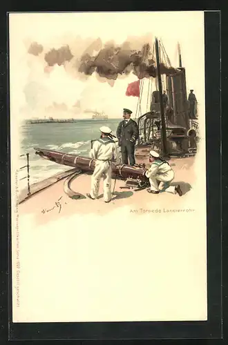 Künstler-AK Hans Bohrdt: Kriegsschiff, Am Torpedo Lancierrohr