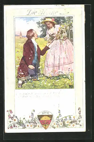Künstler-AK Karl Friedrich Gsur, Deutscher Schulverein Nr. 193: Die Glocke, Pärchen beim Blumenpflücken