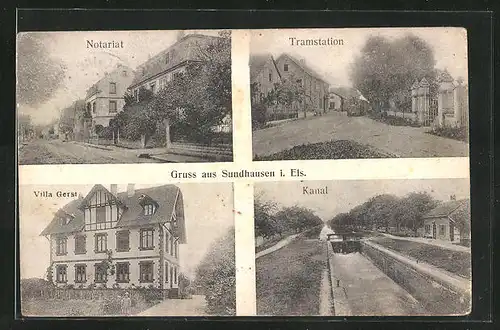 AK Sundhausen i. Els., Notariat, Tramstation, Villa Gerst