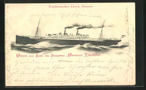 AK Passagierschiff Grosser Kurfürst auf hoher See, Norddeutscher Lloyd