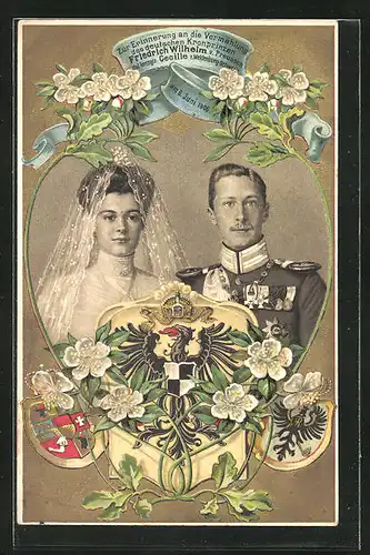 Präge-AK Erinnerung an d. Vermählung des dt. Kronpr. Friedr. Wilhelm v. Pr. m. Herzogin Cecilie v. Mecklenburg-Schwerin