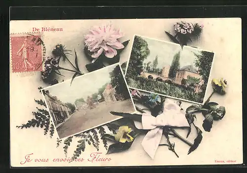 AK Blèneau, zwei Ansichten aus dem Ort mit Blumen verziert
