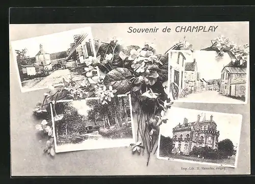 AK Champlay, Vier Ansichten aus dem Ort mit Blumen verziert