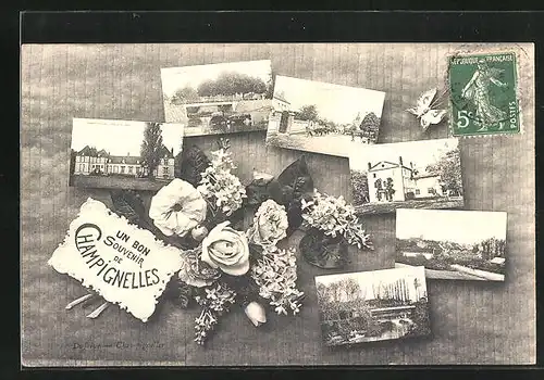 AK Champignelles, Sechs Ansichten aus dem Ort mit Blumen verziert