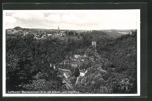 AK Manderscheid / Eifel, Nieder- u. Oberburg aus der Vogelschau