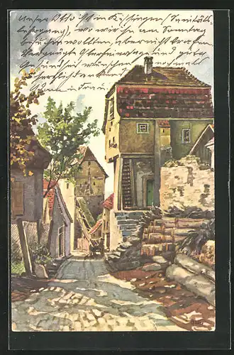 Künstler-AK Sulzfeld / Main, Gasse mit alten Häusern