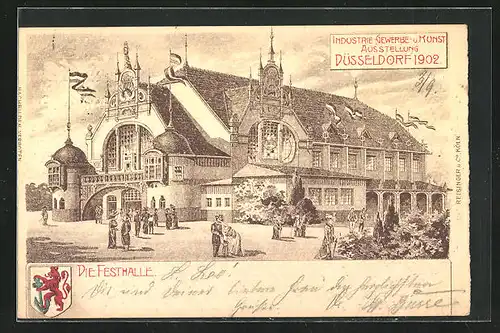 AK Düsseldorf, Industrie-, Gewerbe- und Kunstausstellung 1902, Festhalle und Stadtwappen