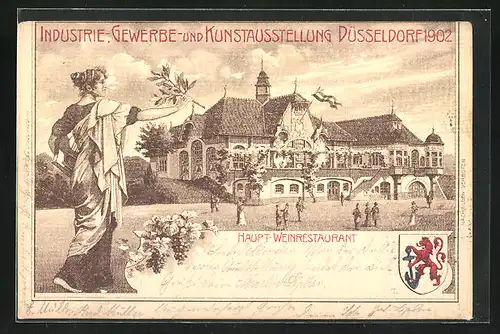 Künstler-AK Düsseldorf, Industrie-, Gewerbe- und Kunstausstellung 1902, Haupt-Weinrestaurant und Stadtwappen