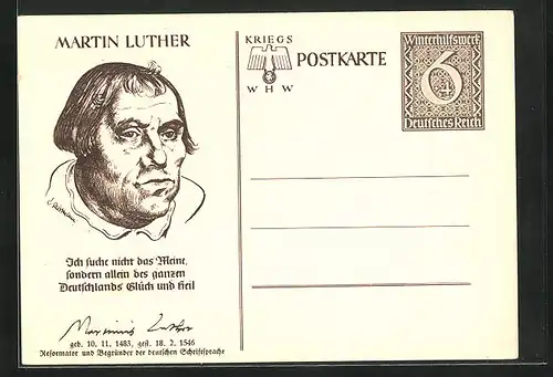 AK Ganzsache WHW Winterhilfswerk, Bildnis von Martin Luther, Ich suche nicht das Meine...