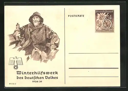 AK Ganzsache WHW Winterhilfswerk des Deutschen Volkes 1938 /39, Monat März, Seemann mit Pfeife