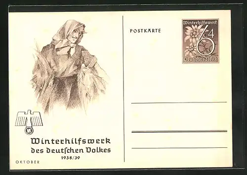 AK Ganzsache WHW Winterhilfswerk des Deutschen Volkes 1938 /39, Monat Oktober, Bäuerin mit Getreide
