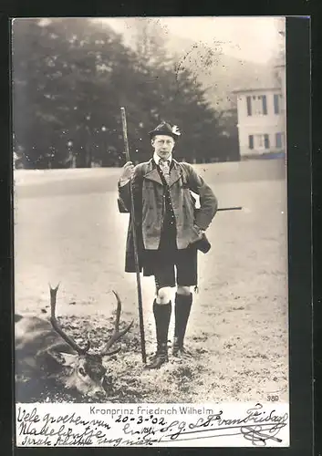 AK Kronprinz Wilhelm von Preussen mit einem erlegtem Hirsch