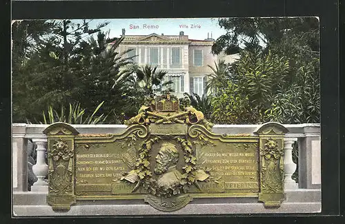 AK San Remo, Villa Zirio, Gedenktafel des Friedrich Wilhelm III. von Preussen