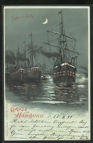 Mondschein-Lithographie Hamburg, Segelschiffe passieren den Hamburger Hafen