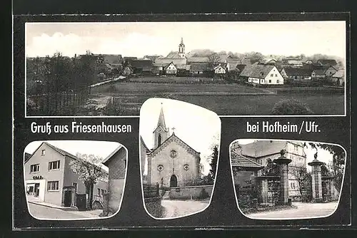AK Friesenhausen / Ufr., Bäckerei Kurt Krieger, Schloss, Kirche, Gesamtansicht