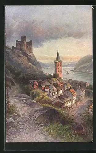 AK St. Goarshausen, Blick zur Burg Maus