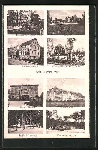 AK Bad Lippspringe, Kursaal mit Lippequelle, Kurbad, Liboriusquelle, Marienstift, Neues Kurhaus