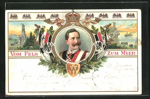 Lithographie Kaiser Wilhelm II. in Uniform, Porträt mit Eichenlaub und Reichskriegsflagge, Vom Fels zum Meer