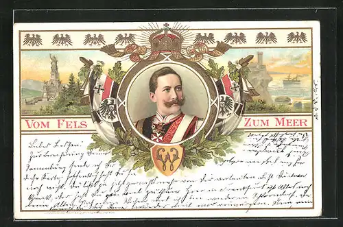 Lithographie Kaiser Wilhelm II. in Uniform, Porträt mit Reichskriegsflagge und Eichenlaub, Vom Fels zum Meer