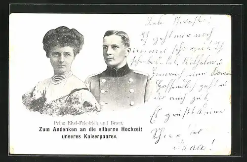 AK Prinz Eitel Friedrich von Preussen in Uniform mit seiner Braut, zum Andenken an die Silberhochzeit des Kaiserpaares