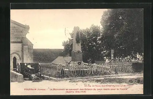 AK Pourrain, Le Monument en souvenir des Enfants du pays morts pour la France (Guerre 1914-1918)