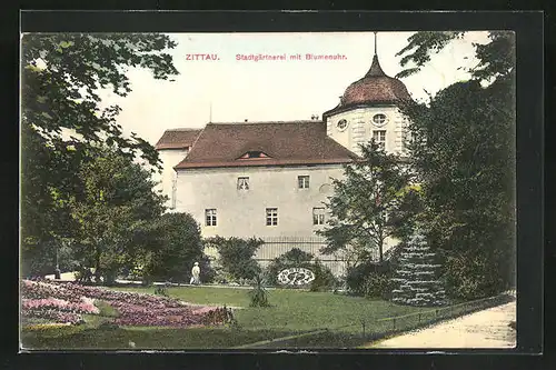 AK Zittau, Stadtgärtnerei mit Blumenuhr