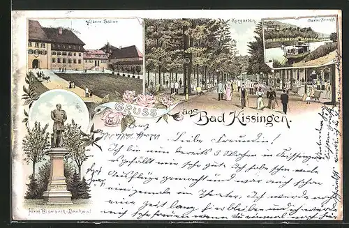 Lithographie Bad Kissingen, Obere Saline, Kurgarten, Bismarck-Denkmal