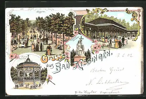 Lithographie Bad Kissingen, Trauernde Germania, Musik-Pavillon, Rakoczy-Brunnen, Kurgarten