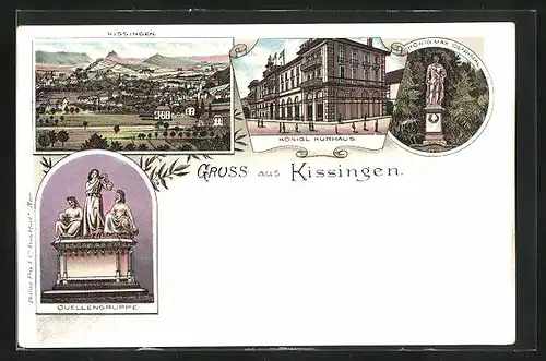 Lithographie Bad Kissingen, Quellengruppe, Kgl. Kurhaus, König Max-Denkmal, Gesamtansicht