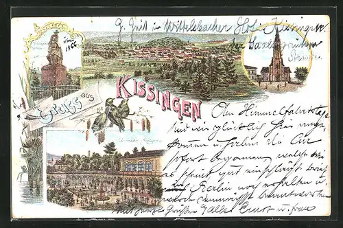 Lithographie Bad Kissingen, Colonnaden & Kurgarten, Trauernde Germania, Kirche und Stadtpanorama
