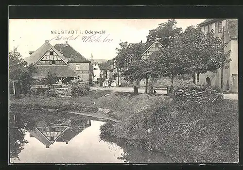 AK Neustadt / Odenwald, Ortspartie am Teichufer