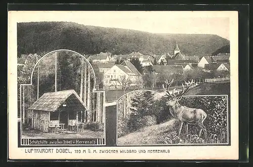AK Dobel, Schutzhütte, Hirsch im Wald, Ortspanorama