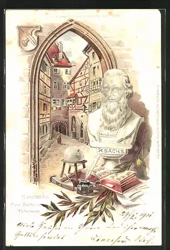 Passepartout-Lithographie Nürnberg, Hans Sachsens Wohnhaus, Büste