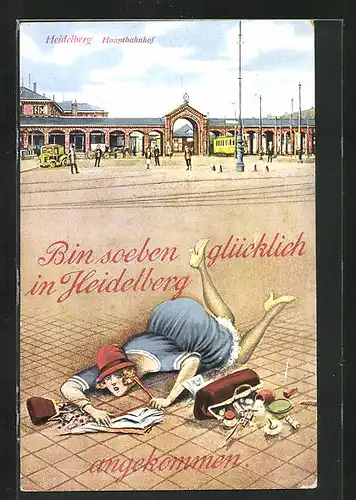 AK Heidelberg, Hauptbahnhof mit Strassenbahn, Fräulein fällt auf den Boden