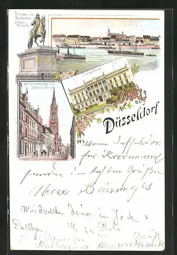 Lithographie Düsseldorf, Blumenstrasse mit Johanniskirche, Justizgebäude, Denkmal des Kurfürsten Johann Wilhelm