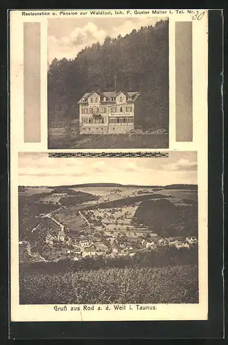 AK Rod an der Weil / Taunus, Gasthaus-Pension zur Waldlust, Ortspanorama
