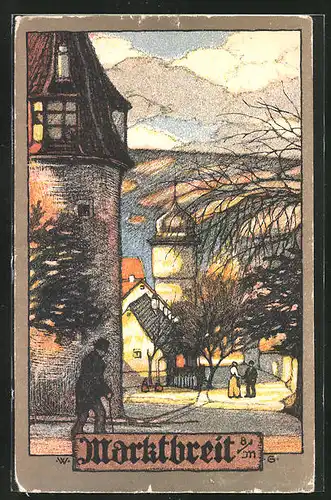 Steindruck-AK Marktbreit a. M., Anwohner an der Kirche