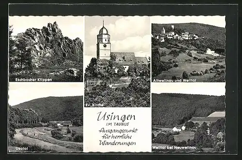 AK Usingen / Taunus, ev. Kirche, Eschbacher Klippen, verschiedene Tal-Ansichten