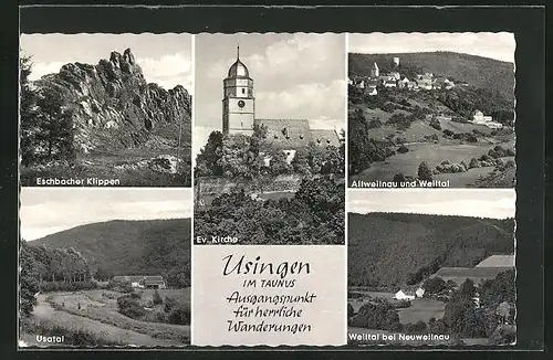 AK Usingen / Taunus, Eschbacher Klippen, ev. Kirche, verschiedene Tal-Ansichten