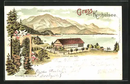 Lithographie Kochel am See, Kesselberg Wasserfälle, M. Kuchler's Gasthof am See