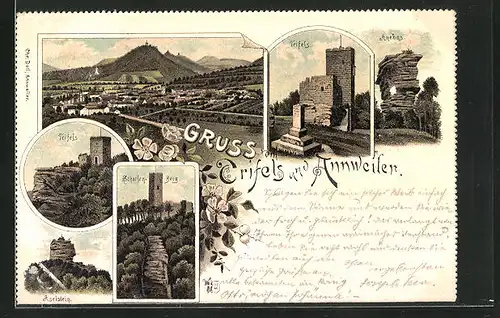 Lithographie Annweiler, Burgruine Trifels, Anebos, Scharfenberg, Panorama