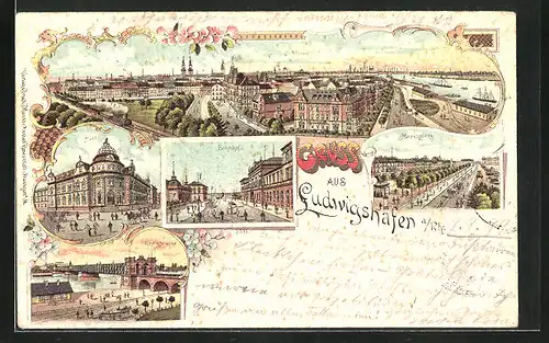 Lithographie Ludwigshafen / Rhein, Post, Bahnhof, Marktplatz