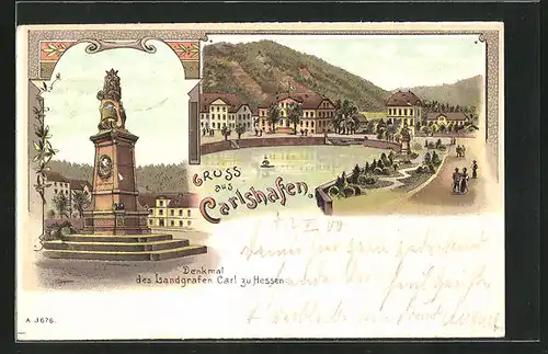 Lithographie Carlshafen, Denkmal des Landgrafen Carl zu Hessen, Partie am Quai