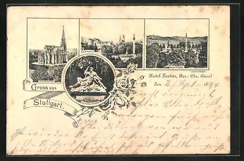 AK Stuttgart, Johanneskirche, Schlossplatz, neues Schloss, Eberhards-Brunnen, 1894