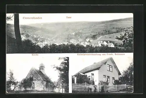 AK Emmershausen, Kirche, Kolonialwarenhandlung von Friedr. Buhlmann, Totalansicht